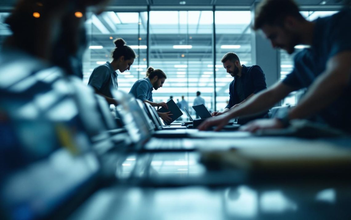 Équipe SEO en déplacement professionnel dans un aéroport international, ordinateurs portables et documents sur une table, ambiance business moderne et éclairage naturel.