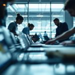 Équipe SEO en déplacement professionnel dans un aéroport international, ordinateurs portables et documents sur une table, ambiance business moderne et éclairage naturel.