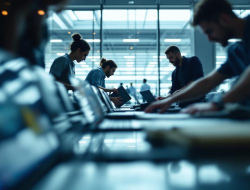 Équipe SEO en déplacement professionnel dans un aéroport international, ordinateurs portables et documents sur une table, ambiance business moderne et éclairage naturel.