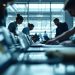 Équipe SEO en déplacement professionnel dans un aéroport international, ordinateurs portables et documents sur une table, ambiance business moderne et éclairage naturel.