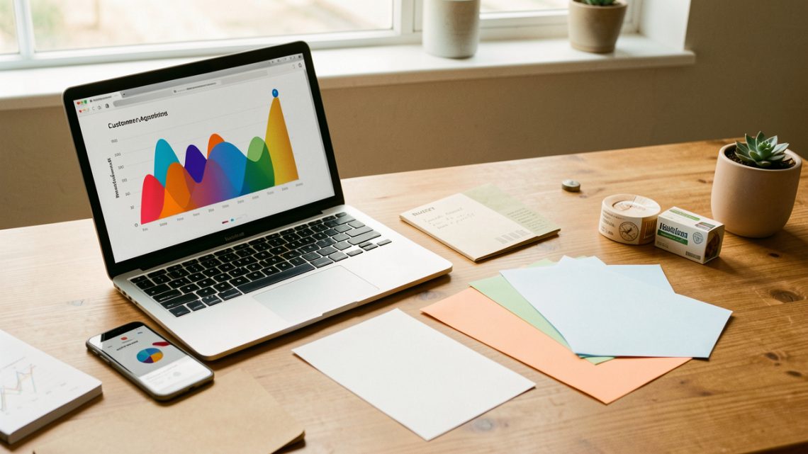 Bureau de petite entreprise avec ordinateur, téléphone, papiers vierges colorés, enveloppe budgétaire et échantillons de produits illustrant une stratégie marketing économique.
