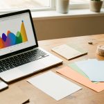 Bureau de petite entreprise avec ordinateur, téléphone, papiers vierges colorés, enveloppe budgétaire et échantillons de produits illustrant une stratégie marketing économique.