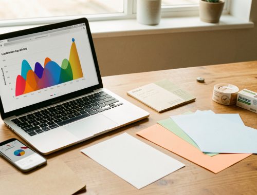 Bureau de petite entreprise avec ordinateur, téléphone, papiers vierges colorés, enveloppe budgétaire et échantillons de produits illustrant une stratégie marketing économique.