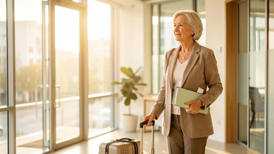 Une femme d’âge mûr quitte sereinement un bureau moderne avec une valise et un dossier soigneusement organisé, symbolisant l’accès à son épargne retraite après son départ professionnel.