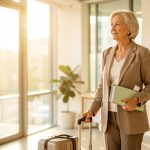 Une femme d’âge mûr quitte sereinement un bureau moderne avec une valise et un dossier soigneusement organisé, symbolisant l’accès à son épargne retraite après son départ professionnel.