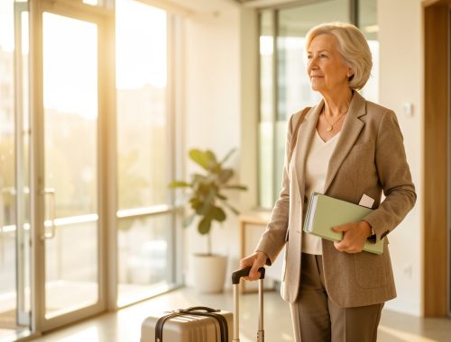 Une femme d’âge mûr quitte sereinement un bureau moderne avec une valise et un dossier soigneusement organisé, symbolisant l’accès à son épargne retraite après son départ professionnel.