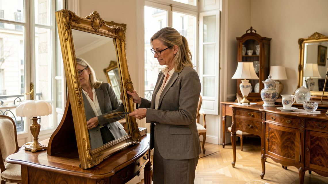 Une antiquaire examine un miroir doré dans un élégant showroom parisien entouré de meubles anciens et d’objets de valeur.