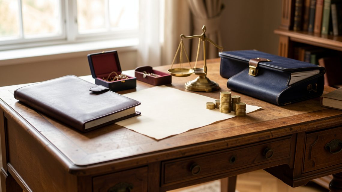 Nature morte élégante évoquant l’héritage, le patrimoine et l’analyse des revenus, avec un portefeuille en cuir, des documents vierges, des pièces et une balance en laiton.