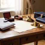 Nature morte élégante évoquant l’héritage, le patrimoine et l’analyse des revenus, avec un portefeuille en cuir, des documents vierges, des pièces et une balance en laiton.
