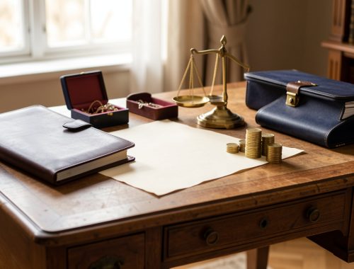 Nature morte élégante évoquant l’héritage, le patrimoine et l’analyse des revenus, avec un portefeuille en cuir, des documents vierges, des pièces et une balance en laiton.