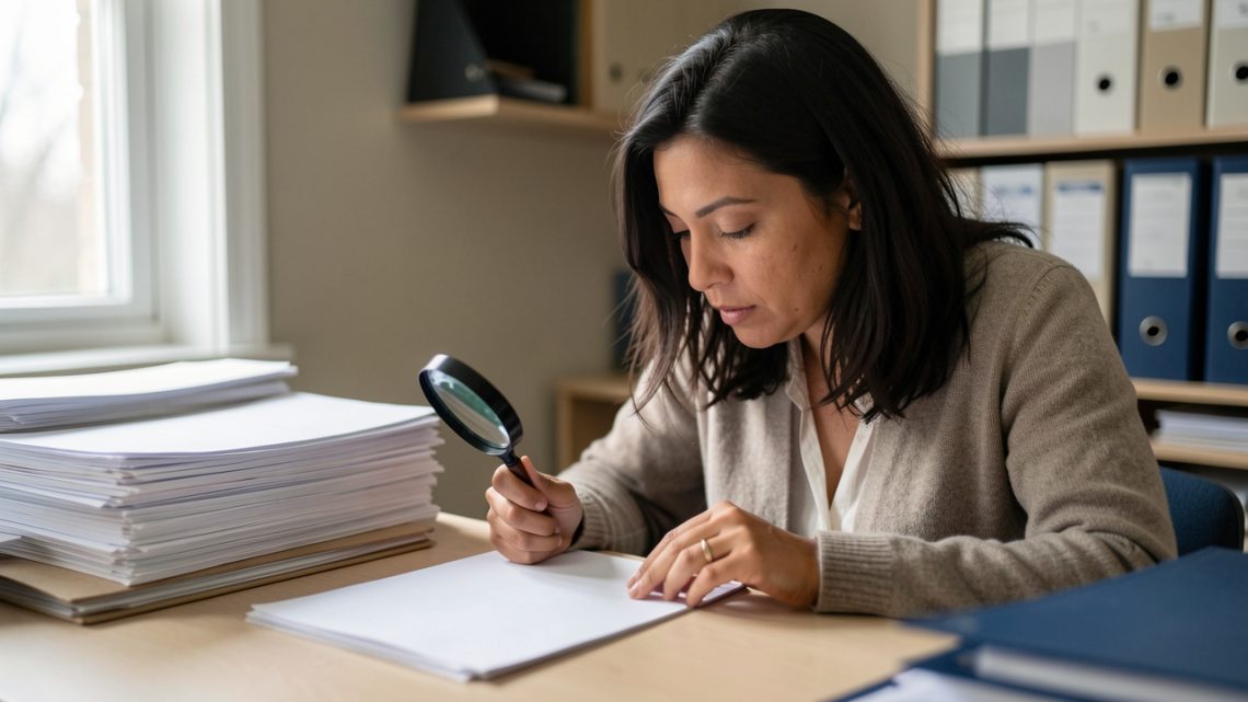 Une chercheuse examine des documents vierges et des dossiers d’archives dans une atmosphère d’enquête documentaire.