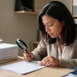 Une chercheuse examine des documents vierges et des dossiers d’archives dans une atmosphère d’enquête documentaire.