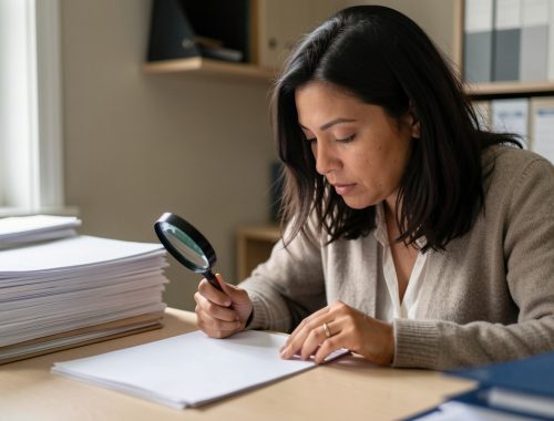 Une chercheuse examine des documents vierges et des dossiers d’archives dans une atmosphère d’enquête documentaire.