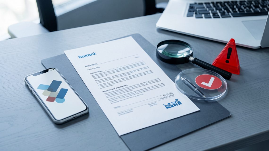 Bureau professionnel avec document bancaire vierge, smartphone, loupe, bouclier de protection et symbole d’alerte évoquant l’identification et la contestation d’un prélèvement non reconnu.