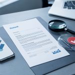 Bureau professionnel avec document bancaire vierge, smartphone, loupe, bouclier de protection et symbole d’alerte évoquant l’identification et la contestation d’un prélèvement non reconnu.