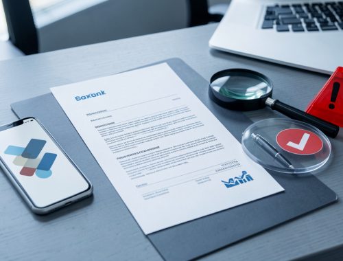 Bureau professionnel avec document bancaire vierge, smartphone, loupe, bouclier de protection et symbole d’alerte évoquant l’identification et la contestation d’un prélèvement non reconnu.