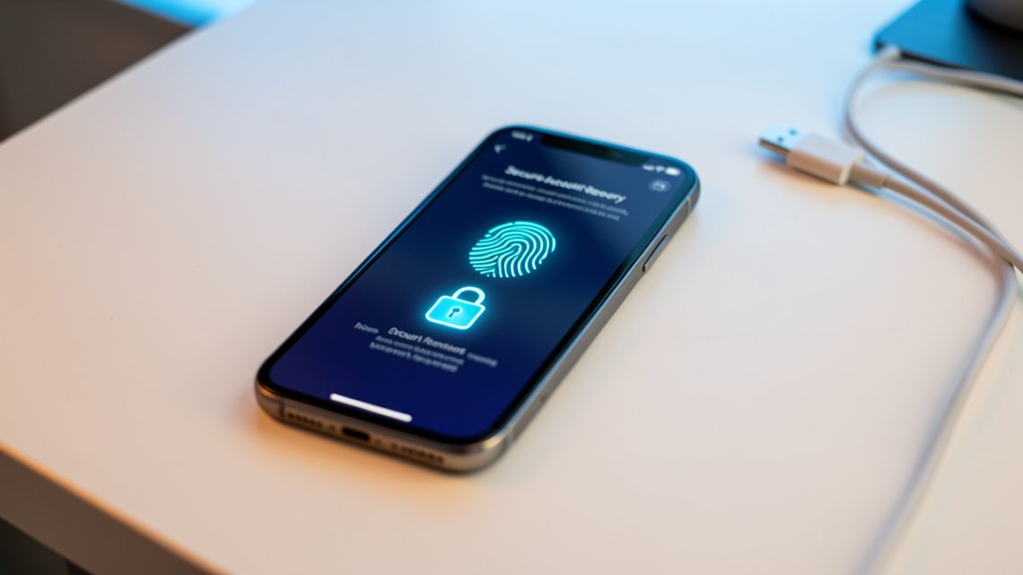 Smartphone affichant une interface abstraite de récupération sécurisée avec un cadenas lumineux et une empreinte biométrique.