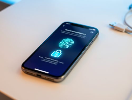 Smartphone affichant une interface abstraite de récupération sécurisée avec un cadenas lumineux et une empreinte biométrique.
