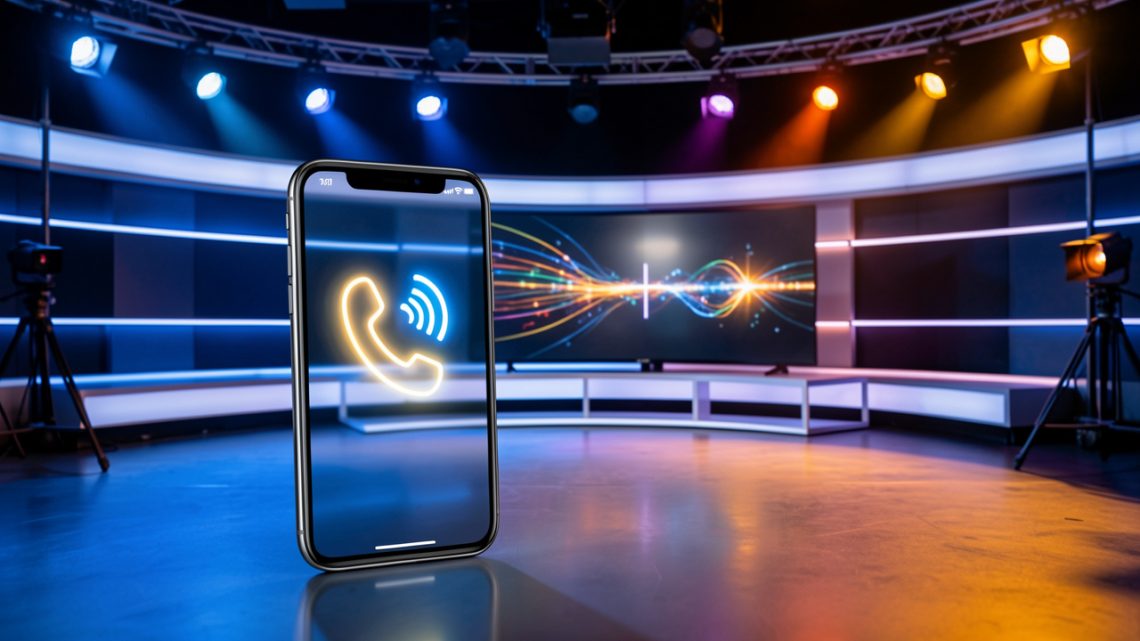 Téléphone intelligent posé près d’un décor de studio télévisé éclairé, avec des effets lumineux évoquant des appels et une analyse financière.