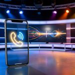 Téléphone intelligent posé près d’un décor de studio télévisé éclairé, avec des effets lumineux évoquant des appels et une analyse financière.