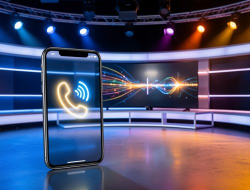 Téléphone intelligent posé près d’un décor de studio télévisé éclairé, avec des effets lumineux évoquant des appels et une analyse financière.