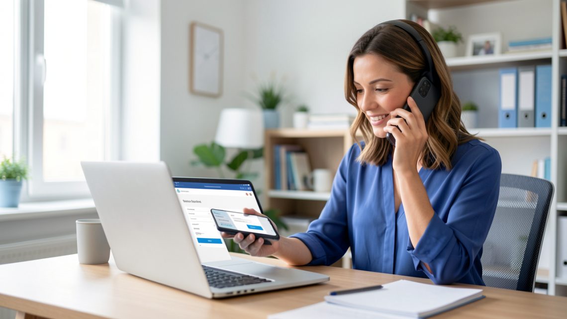 Une femme échange au téléphone tout en consultant un paiement en attente sur un ordinateur portable dans un bureau lumineux.