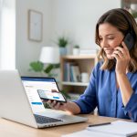 Une femme échange au téléphone tout en consultant un paiement en attente sur un ordinateur portable dans un bureau lumineux.