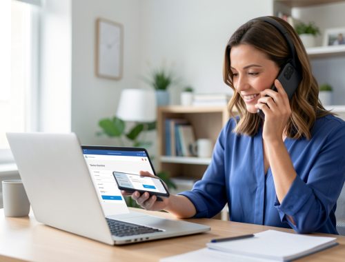 Une femme échange au téléphone tout en consultant un paiement en attente sur un ordinateur portable dans un bureau lumineux.