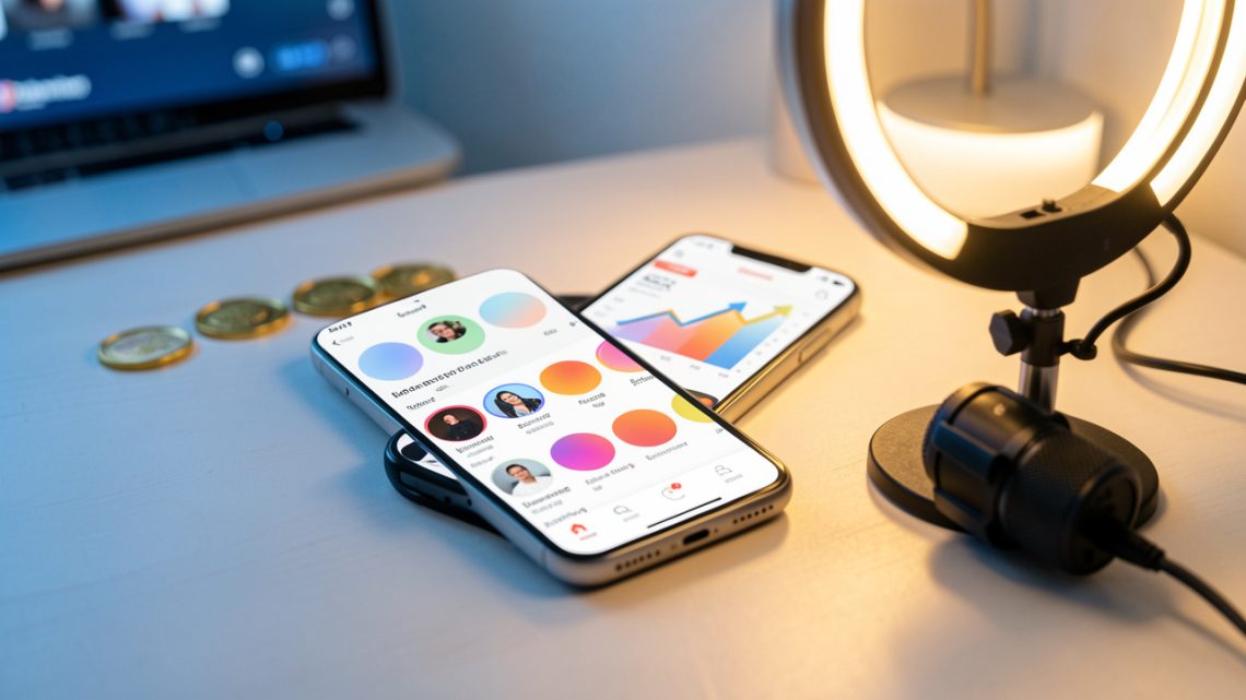 Smartphone affichant un tableau de bord abstrait de créateur avec une croissance d’abonnés et des pièces dorées, accompagné d’un anneau lumineux et d’un microphone.
