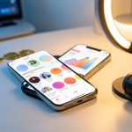 Smartphone affichant un tableau de bord abstrait de créateur avec une croissance d’abonnés et des pièces dorées, accompagné d’un anneau lumineux et d’un microphone.