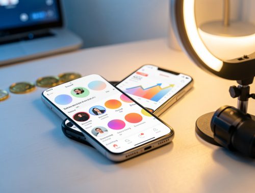 Smartphone affichant un tableau de bord abstrait de créateur avec une croissance d’abonnés et des pièces dorées, accompagné d’un anneau lumineux et d’un microphone.