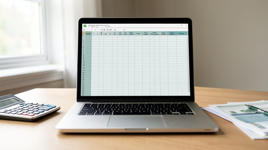 Ordinateur portable affichant une grille de tableau vierge, accompagné d’une calculatrice et de documents financiers sur un bureau lumineux.