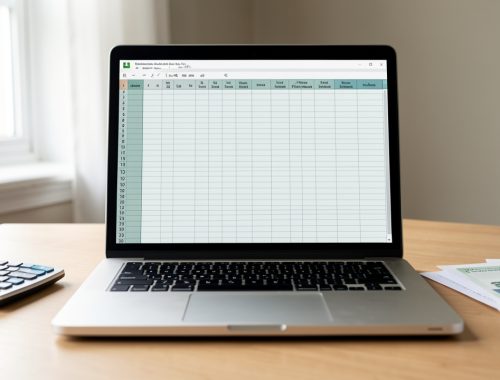 Ordinateur portable affichant une grille de tableau vierge, accompagné d’une calculatrice et de documents financiers sur un bureau lumineux.