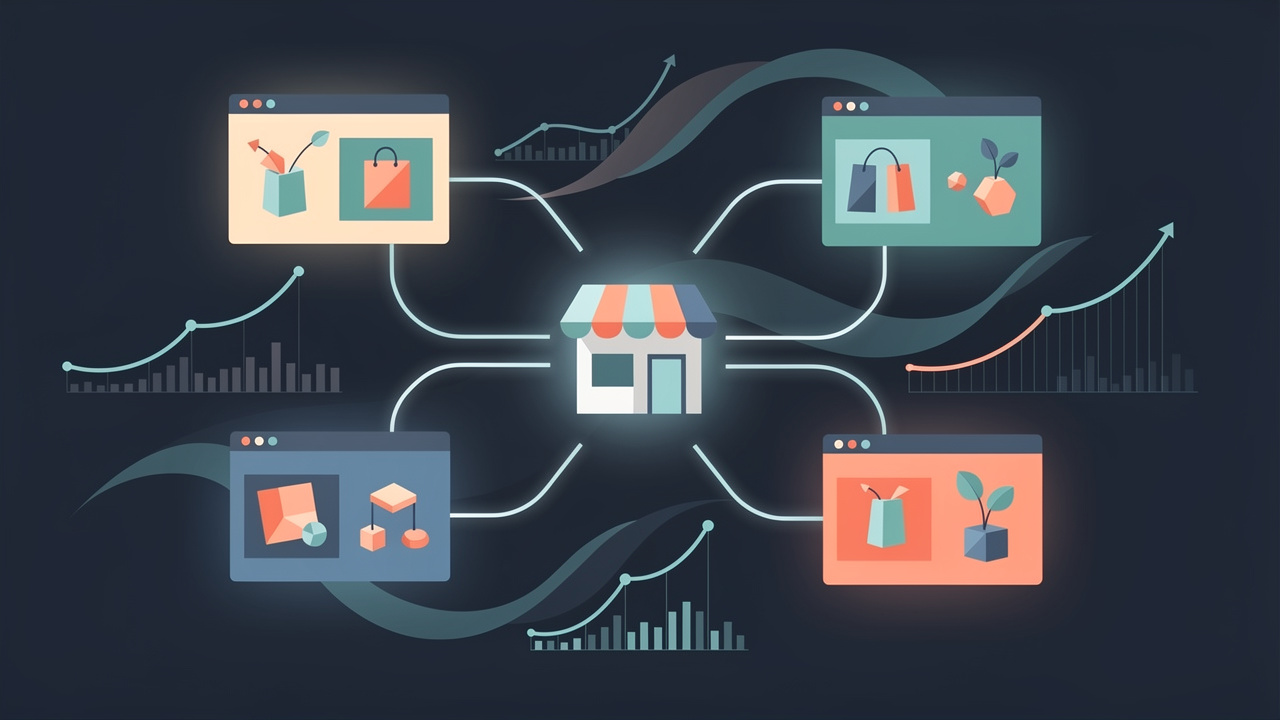 Illustration abstraite d’un site e-commerce central relié par des connexions lumineuses à plusieurs sites thématiques, avec des graphiques sobres de visibilité organique.