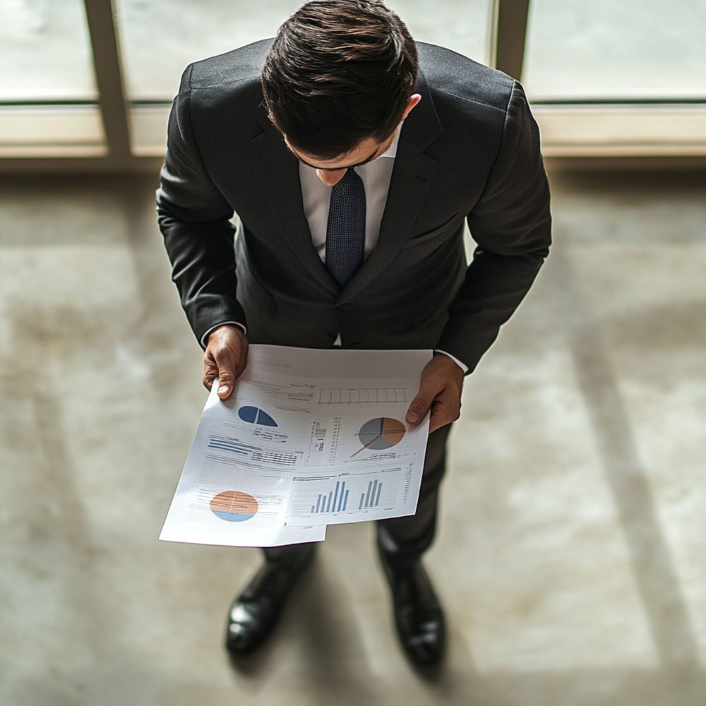 Professionnel analysant des graphiques boursiers et des projections financières pour la trésorerie de son entreprise.