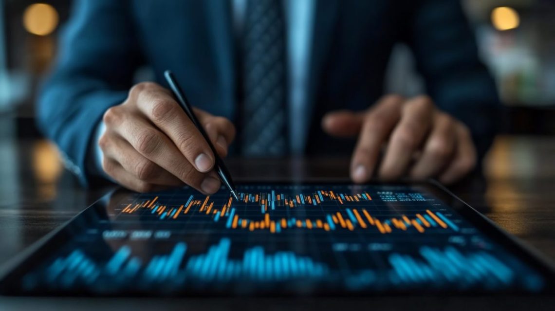 Dirigeant consultant un portefeuille d’investissement sur son ordinateur, avec des documents financiers posés sur le bureau.