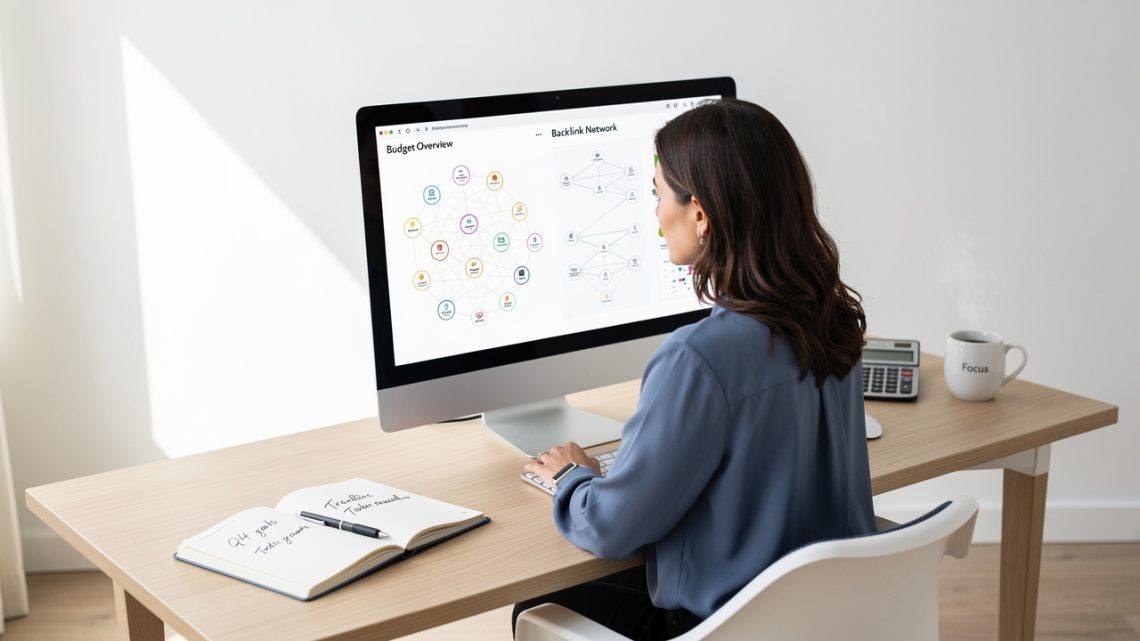 Une dirigeante de PME analyse des graphiques abstraits de budget et de liens sur un ordinateur, dans un bureau lumineux et professionnel.