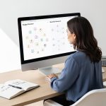 Une dirigeante de PME analyse des graphiques abstraits de budget et de liens sur un ordinateur, dans un bureau lumineux et professionnel.