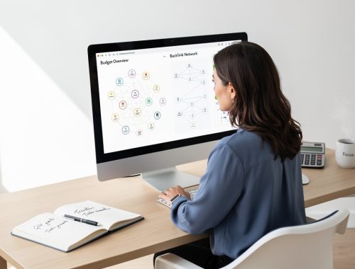 Une dirigeante de PME analyse des graphiques abstraits de budget et de liens sur un ordinateur, dans un bureau lumineux et professionnel.
