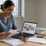 Une analyste examine des documents vierges et des données visuelles abstraites dans un espace de travail moderne.