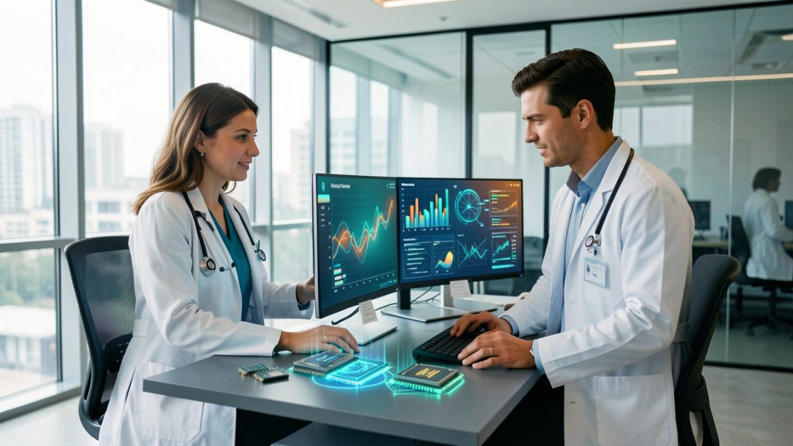 Illustration réaliste d’une plateforme française de santé numérique avec une médecin et un administrateur de santé dans un bureau moderne, des visualisations financières abstraites et des puces d’intelligence artificielle.