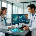 Illustration réaliste d’une plateforme française de santé numérique avec une médecin et un administrateur de santé dans un bureau moderne, des visualisations financières abstraites et des puces d’intelligence artificielle.