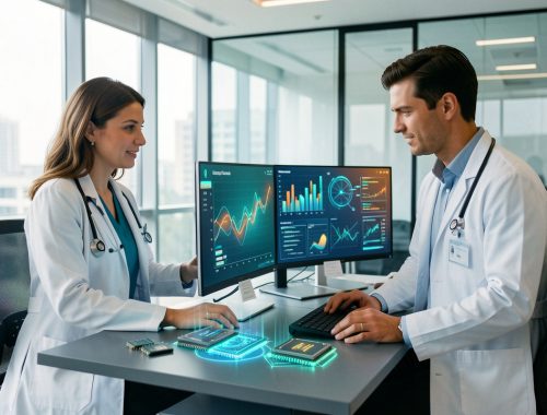Illustration réaliste d’une plateforme française de santé numérique avec une médecin et un administrateur de santé dans un bureau moderne, des visualisations financières abstraites et des puces d’intelligence artificielle.