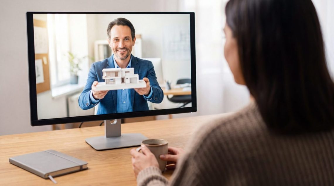Propriétaire analysant les frais de gestion locative lors d’un appel vidéo avec son gestionnaire immobilier.